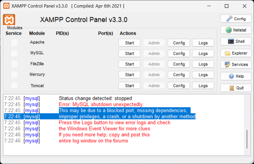 Error de Mysql en xampp